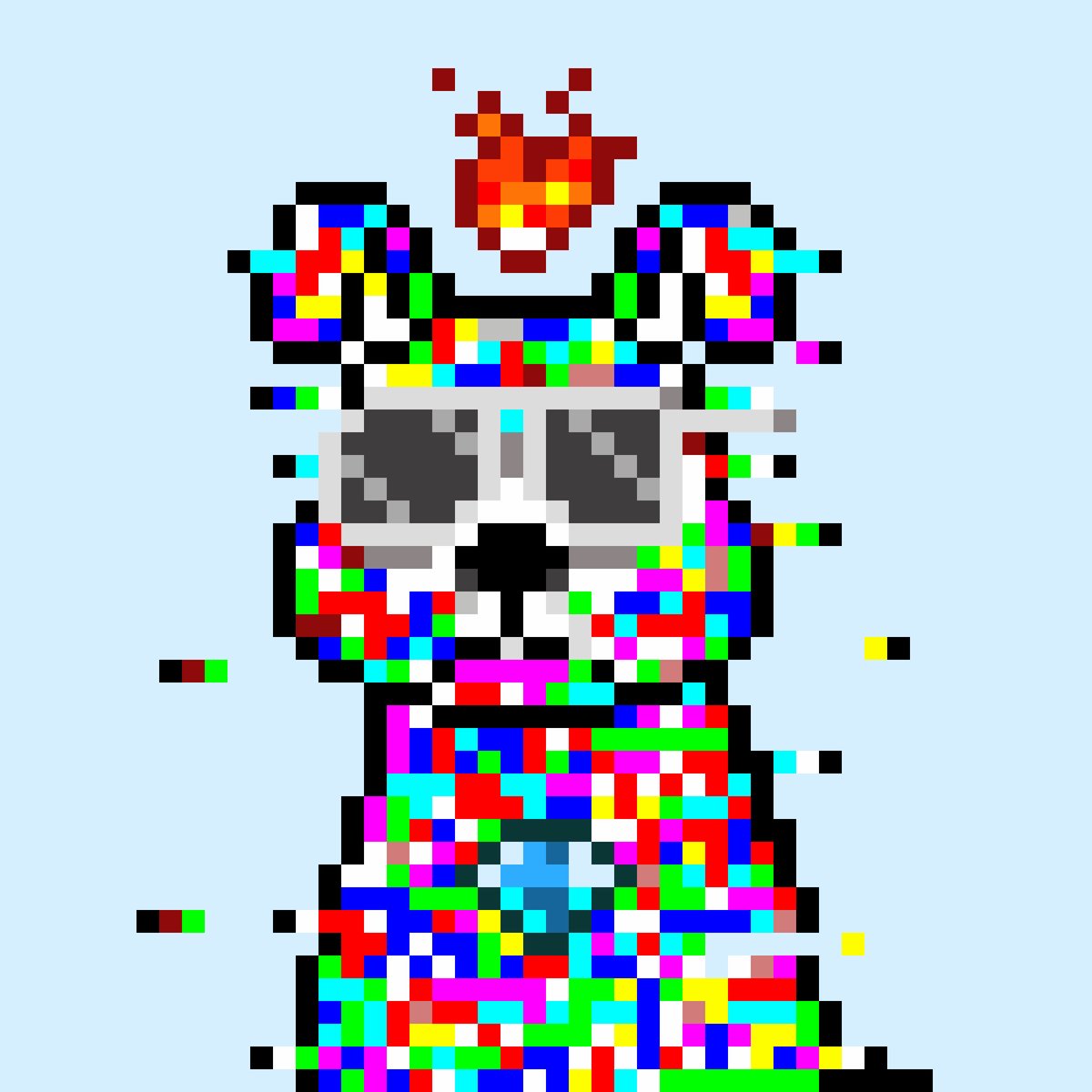 The image features a colorful, pixelated bear made of small squares or blocks of various colors arranged together. The bear appears to be wearing glasses and has a red heart on its head. It's positioned against a blue background with scattered white and black elements throughout the scene. The bear is the main focus of the image, drawing attention to itself as the central figure in this pixelated art piece.