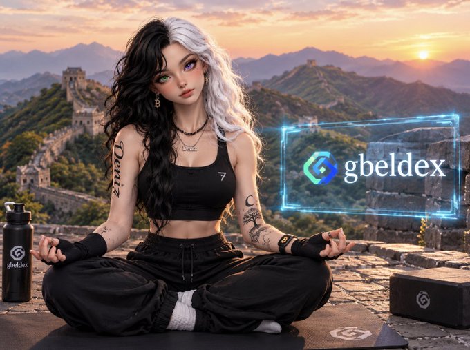 An anime-style illustration of a girl with half-black, half-white hair meditating in a lotus pose, with 'gbeldex' branding displayed on a holographic screen and water bottle against a Great Wall backdrop at sunset.
