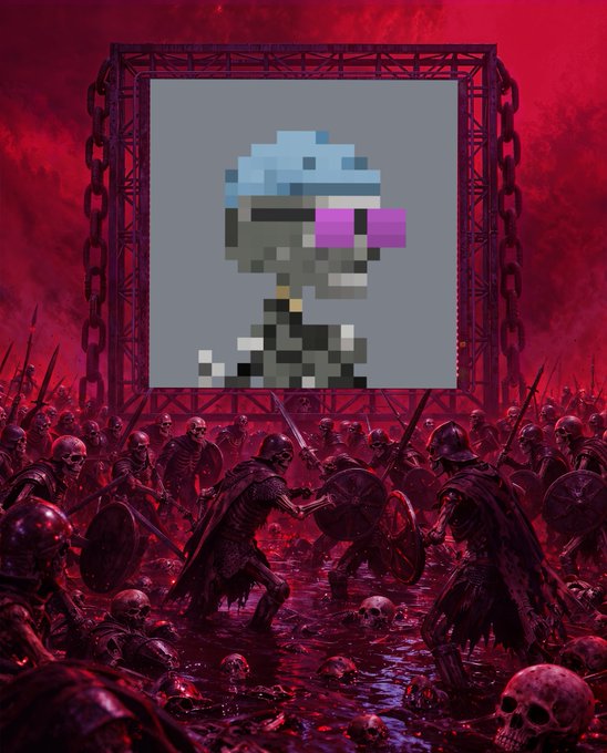 A dark fantasy artwork showing a battlefield with skeleton warriors in a red-tinted hellscape, with a large screen displaying a pixelated skull character.