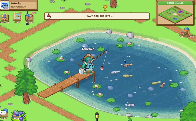 A screenshot of a virtual pet game (Lilypad Pond Park) showing a green turtle character named 'tokenko' fishing at a pond with a wooden dock, with text 'WAIT FOR THE BITE...' on screen.
