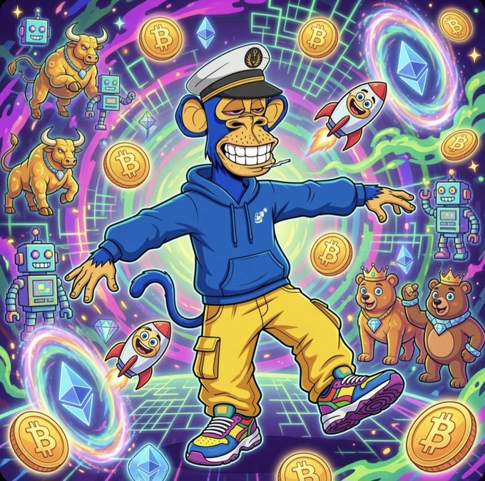 A psychedelic cartoon monkey wearing a captain's hat, sunglasses, and a blue hoodie, dancing among floating Bitcoin coins, rockets, robots, and crowned bears against a neon space background.