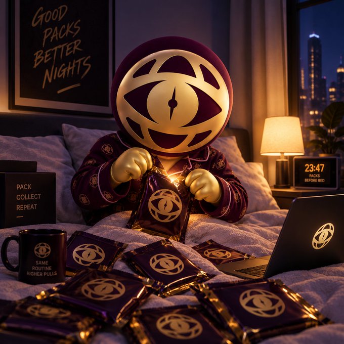 A stylized digital artwork featuring a purple and gold masked character in pajamas opening foil packs with a logo on them while sitting on a bed, surrounded by branded merchandise including a mug, laptop, and a sign reading 'GOOD PACKS BETTER NIGHTS' with a clock showing '23:47 PACKS BEFORE BED'.