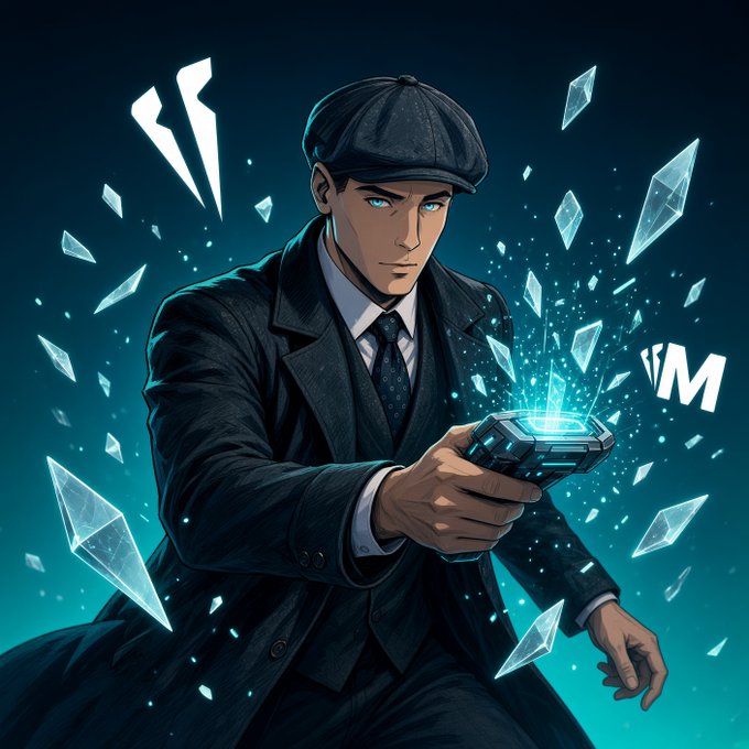 Anime-style illustration of a stern man in a suit and cap holding a glowing futuristic device, surrounded by floating crystals, with stylized text 'M' and other characters.