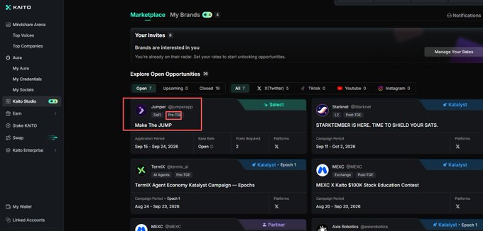 A screenshot of the Kaito Marketplace showing the 'Explore Open Opportunities' section, with a red box highlighting a 'Jumper @jumperxp' campaign titled 'Make The JUMP' and another for 'TermX' with 'Kaito-y1' tag.