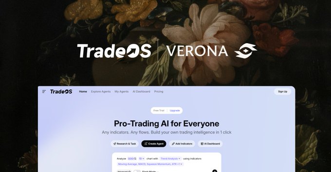 A promotional image displays the "TradeOS | Verona" branding overlaid on a classical still-life painting of flowers, with a website mockup below showcasing the tagline "Pro-Trading AI for Everyone" and features like "Research & Track," "Create Agent," and "Add Indicators" set against a light blue interface. The image visually reinforces the post's message by presenting TradeOS and Verona as tools that automate trading across 13,000+ assets through AI agents built in plain English.