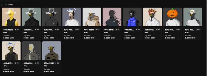 An NFT collection page showing a grid of character profile cards with usernames like "404x_BR0102", "404x_BR03...", "404x_BR4..." with various avatars including figures with hats, halos, and a jack-o'-lantern.