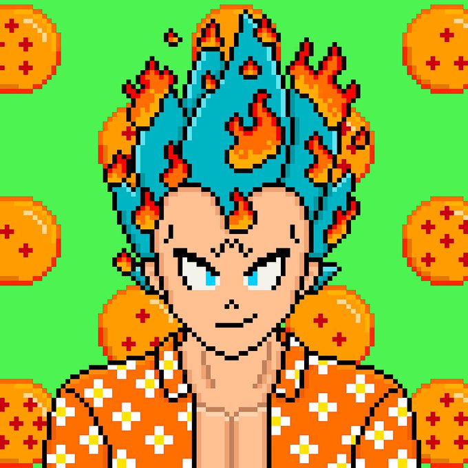 A retro 8-bit pixel art portrait of an anime character with blue and orange flame-like hair, wearing an orange floral shirt against a green background with orange circular patterns.