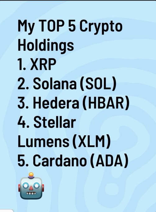 A graphic titled 'My TOP 5 Crypto Holdings' lists XRP, Solana (SOL), Hedera (HBAR), Stellar Lumens (XLM), and Cardano (ADA) on a blue background.