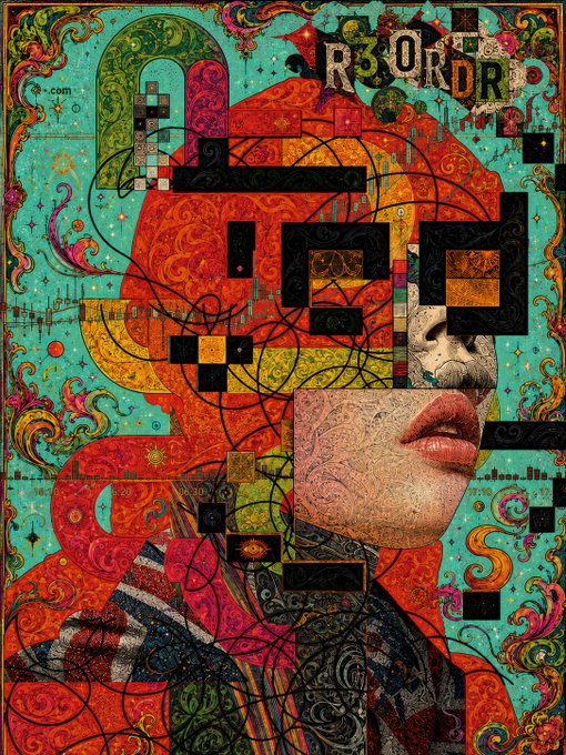 A vibrant, colorful collage-style artwork featuring a face with prominent lips, surrounded by geometric shapes, swirling patterns, and various textures. The word 'R3COR' is visible at the top.