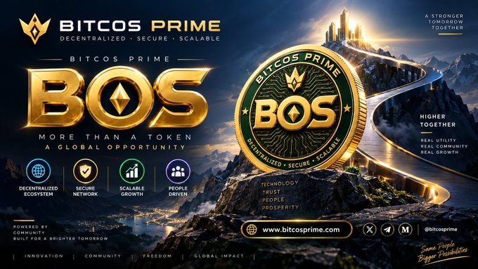 A promotional banner for 'BITCOIN PRIME' featuring a large gold 'BOS' coin, with the tagline 'MORE THAN A TOKEN A GLOBAL OPPORTUNITY' and marketing copy promising decentralization, security, and scalability.
