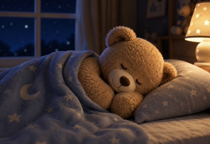 A sleeping brown teddy bear is tucked under a blue blanket patterned with yellow stars and moons in a cozy bedroom at night.