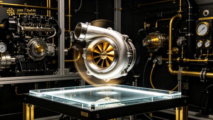 A sleek silver and gold turbocharger hovers above a glowing display pedestal in an industrial workshop of brass pipes and gauges, with "ARK | DeFAI Capital by Arkive" visible in the top-left corner. The turbocharger's emblem of speed and power visually reinforces the post's message about accelerating AI-driven decisions and momentum with the Arkie AI App.