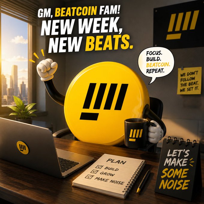 A motivational social media graphic featuring an anthropomorphic yellow coin character with the text 'GM, BEATCOIN FAM! NEW WEEK, NEW BEATS' along with speech bubbles reading 'FOCUS. BUILD. BEATCOIN. REPEAT.' and a plan checklist.