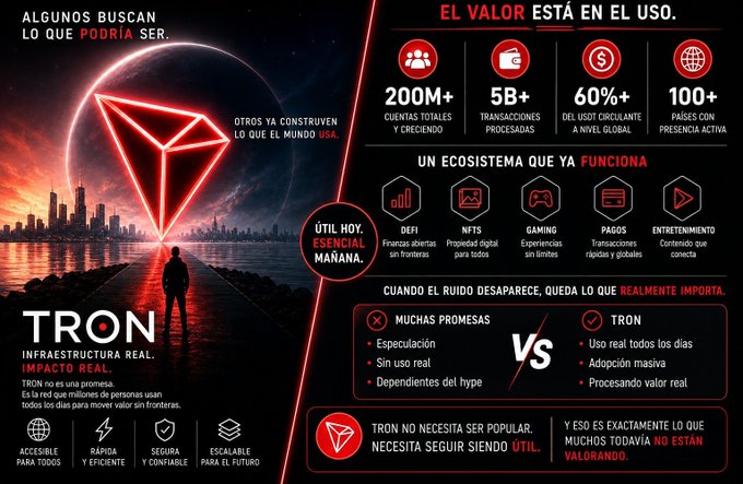 The image is a promotional infographic for **TRON**, highlighting its real-world utility with statistics: 200M+ accounts, 5B+ transactions, 60%+ of USDT circulation, and 100+ countries served, alongside features like DeFi, NFTs, gaming, payments, and entertainment. It contrasts TRON's everyday functionality against speculative "empty promises," emphasizing its role as essential infrastructure with slogans like "El valor está en el uso" (Value is in the use) and "Útil hoy, esencial mañana" (Useful today, essential tomorrow).
