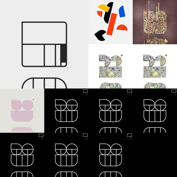 A collage of graphic design elements including abstract shapes, a chandelier image, and multiple 'X' logo variants displayed in various styles, colors, and grid patterns.