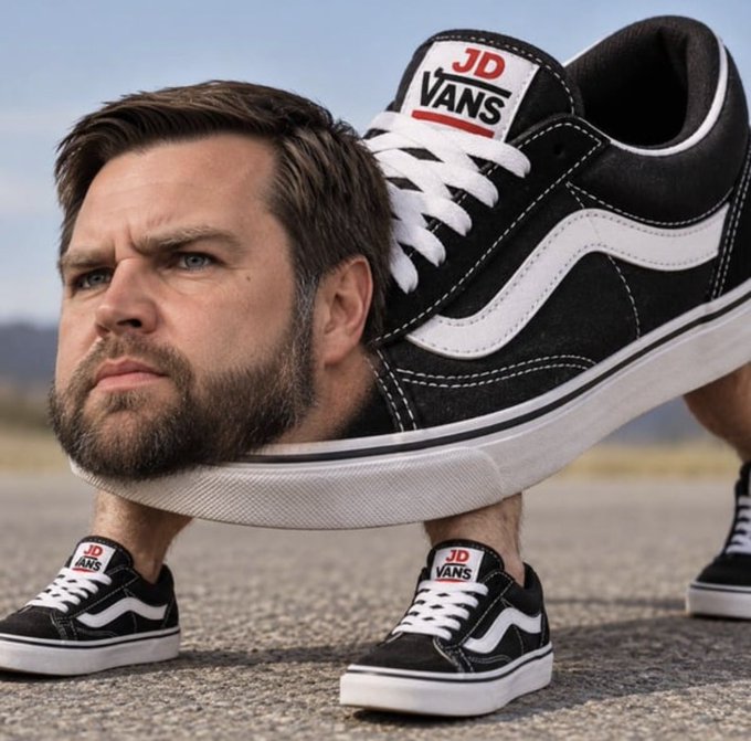 A surreal composite image shows a man's head serving as the body of a sneaker-themed figure, with oversized "JD VANS" branded shoes acting as the legs and torso. The "JD VANS" branding humorously parodies the JD Sports x Vans collaboration, with the caption "meanwhile, on pumpfun" suggesting a meme poking fun at crypto pump-and-dump schemes using the familiar "this is fine" chaotic energy.
