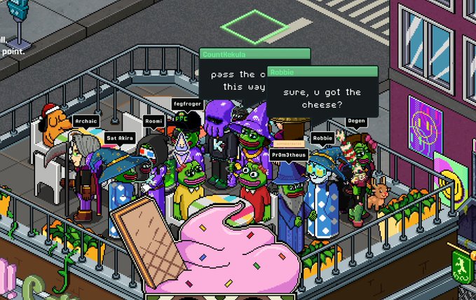 A pixel-art MMORPG game scene (looks like Habbo Hotel) showing a crowded rooftop area with various costumed avatars and chat bubbles reading "pess the c[heese] this way" and "sure, u got the cheese?".