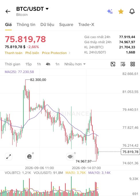 A BTC/USDT trading chart on what appears to be Binance, showing Bitcoin priced at 75,819.78 USDT (-2.66%), with 24h high of 77,919.44 and low of 74,967.97, alongside volume data and MA indicators.