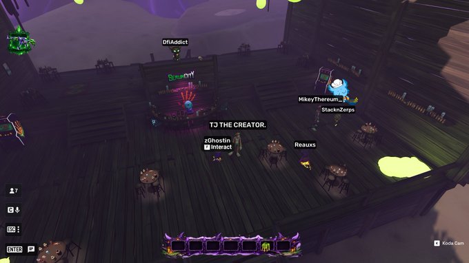 A screenshot from a multiplayer online game showing a wooden dock/lair area with multiple players including DFIAddict, MikeyThereum_StackZerps, xGhostin, Reauxx, and 'TJ THE CREATOR', featuring purple-themed UI elements and an inventory bar at the bottom.