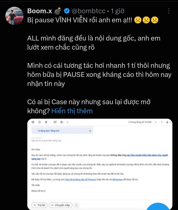 A screenshot of a Vietnamese social media post by @bombtcc announcing that their account has been permanently paused, showing an embedded email about a copyright violation.