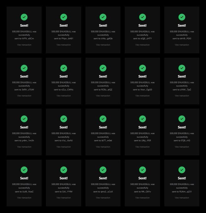 A grid of confirmation screens shows successful transactions, each displaying a green checkmark and 'Sent!' with messages stating '500,000 $NUKEBULL was successfully sent' to various wallet addresses.