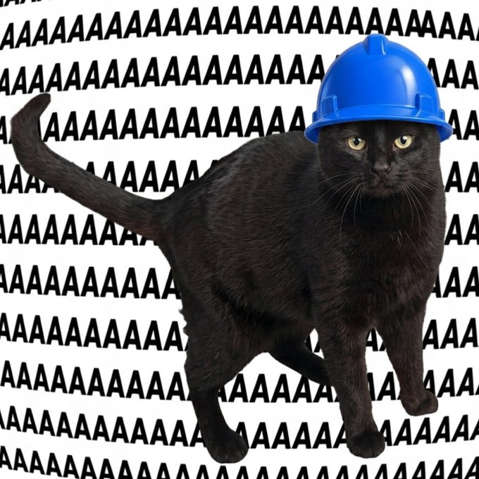 A black cat wearing a blue construction hard hat, standing against a white background covered with rows of the letter 'A', reminiscent of the 'AAAAAAAA' meme format.