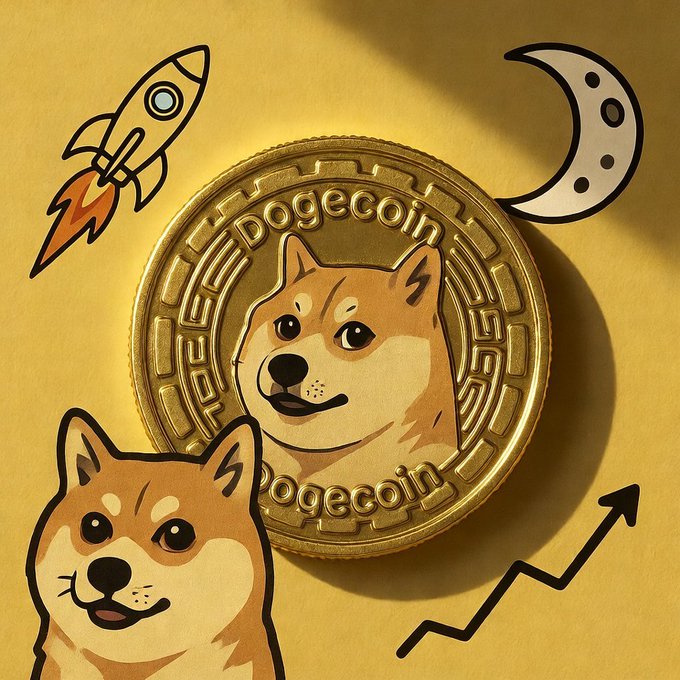A graphic featuring a gold Dogecoin coin alongside cartoon Shiba Inu dog illustrations, a rocket ship, a crescent moon, and an upward-trending arrow on a yellow background.