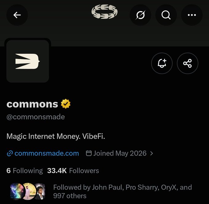 A Twitter/X profile for 'commons' (@commonsmade) with 33.4K followers, describing itself as 'Magic Internet Money. VibeFi.' with a link to commonsmade.com.