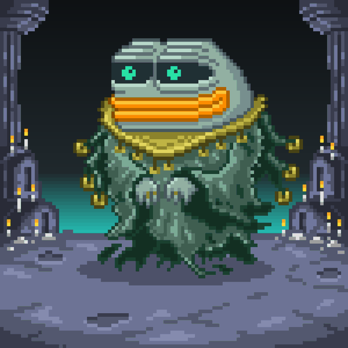 Pixel art illustration of a futuristic, metallic spherical robot with glowing green eyes, an orange muzzle, and a tattered green cloak, standing in a dark sci-fi setting with structures.