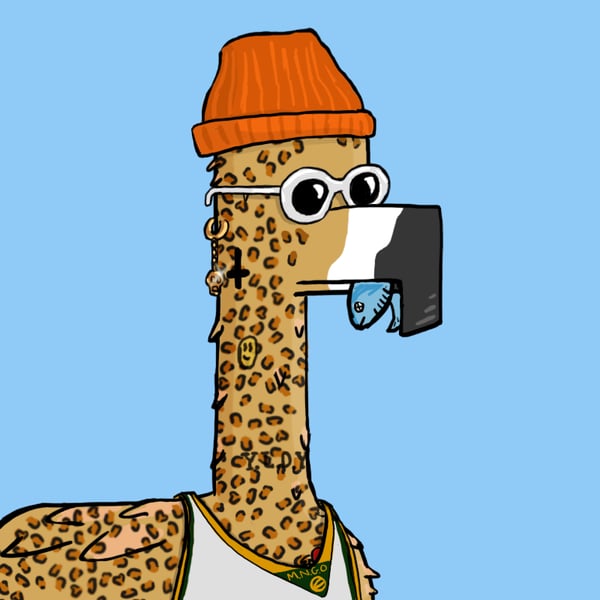 A cartoon ostrich wearing an orange beanie, white sunglasses, an earring, and a white tank top, with a black rectangular mouth/tongue element, set against a blue background.