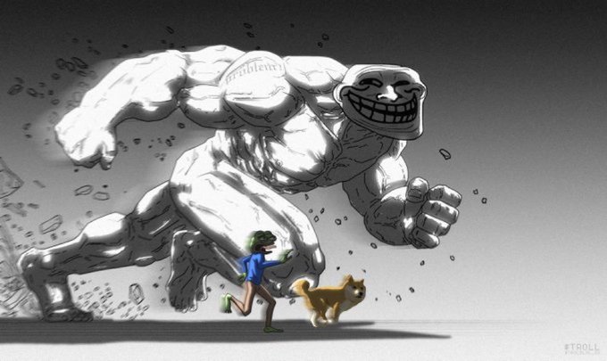 A grayscale troll meme illustration showing a giant muscular figure labeled 'problems' with a trollface head chasing a small green-haired runner and a small dog, with the hashtag #TROLL visible.