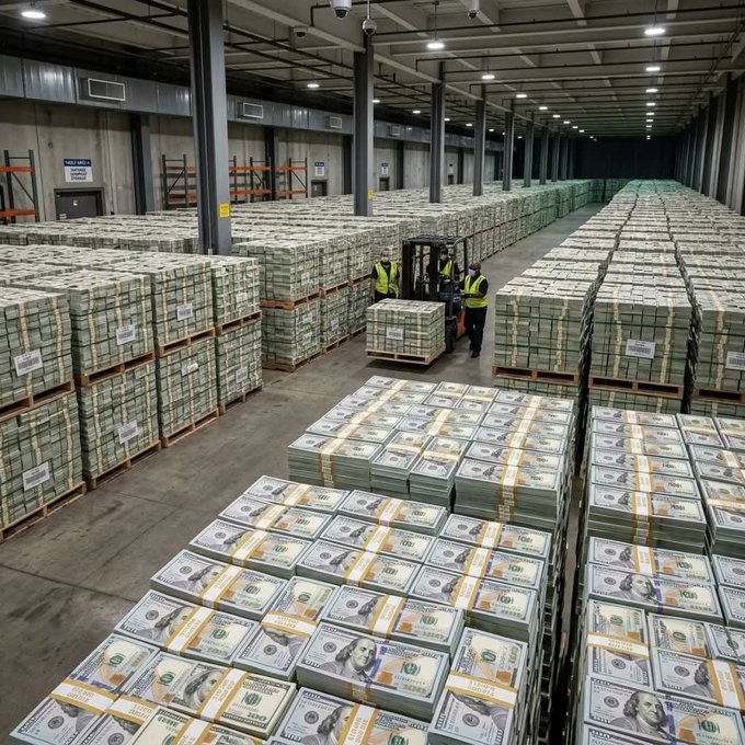 A vast warehouse filled with pallets of stacked U.S. hundred-dollar bills being managed by workers in safety vests operating a forklift.