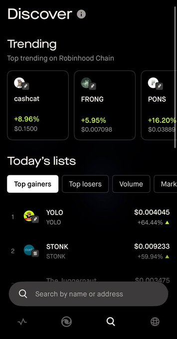 A screenshot of the Robinhood Wallet's Discover tab showing the top trending tokens on Robinhood Chain: $CASHCAT (+8.96% at $0.1500), $FRONG (+5.95% at $0.007098), and $PONS (+16.20% at $0.03889), matching the post's highlighted top three picks, with today's top gainers also visible below.