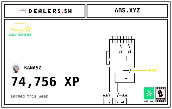 A digital certificate or card from DEALERS.SH and ABS.XYZ displaying 'KANASZ' with '74,756 XP Earned this week' alongside a simple line-drawn character holding yellow bars.