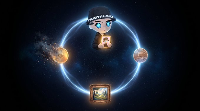 Digital artwork featuring an anime-style character wearing a 'NOSTALGIC' cap holding a small portrait, surrounded by a glowing circular ring containing a coin, a fragmenting gold coin, and a framed painting against a starry cosmic background.