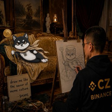 A meme-style image showing a man in a Binance (CZ) hoodie painting a cat holding a staff, with a Shiba Inu-style dog overlaying the canvas, captioned 'draw me like the savior of meme culture - $MAPE'.