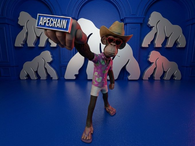 A 3D-rendered monkey character wearing a cowboy hat, heart-shaped sunglasses, a Hawaiian shirt, and flip-flops holds up a sign reading 'APECHAIN' in front of a blue background with gorilla silhouettes.