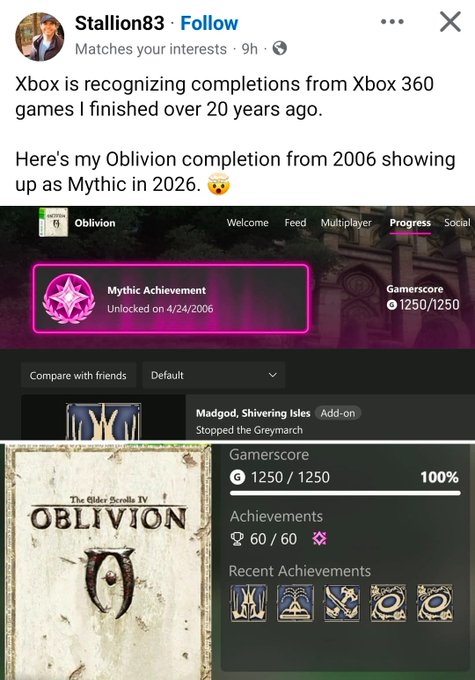 Screenshot of an Instagram post by 'Stallion83' about Xbox recognizing Xbox 360 Oblivion completions, showing a Mythic Achievement unlocked on 4/24/2006 with a 1250/1250 gamerscore.