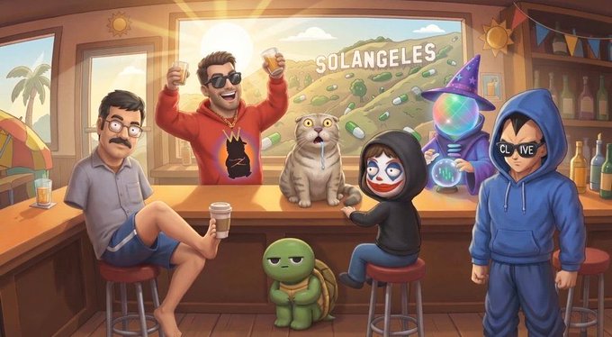 A colorful cartoon bar scene depicts various crypto meme characters—including a mustachioed man, a cat with a drip, a wizard, a frog, and hooded figures—gathered under the text "SOLANGELES" and a hoodie reading "CLONE," visually representing the post's theme of $SOLANGELES as a thriving meme "city" where diverse characters unite as citizens.
