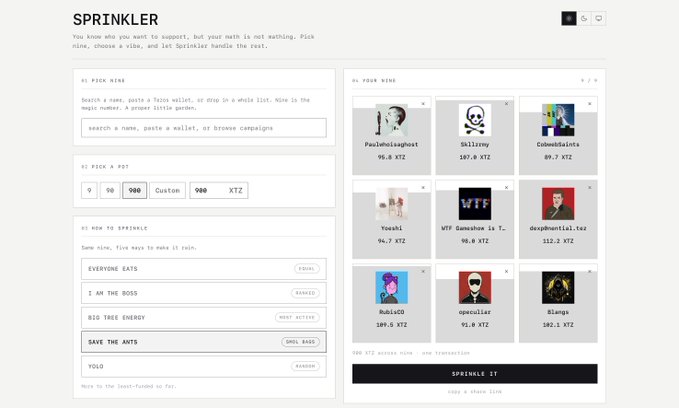 A screenshot of a website interface titled 'SPRINKLER' for sending cryptocurrency tips, showing fields to pick a name, amount in KTZ, and 'YOUR WINS' displaying user profiles with amounts.