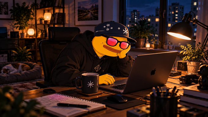 An anthropomorphic yellow emoji character wearing a black hoodie, sunglasses, and a star-patterned cap sits at a desk typing on an Apple laptop in a cozy, warmly lit room.