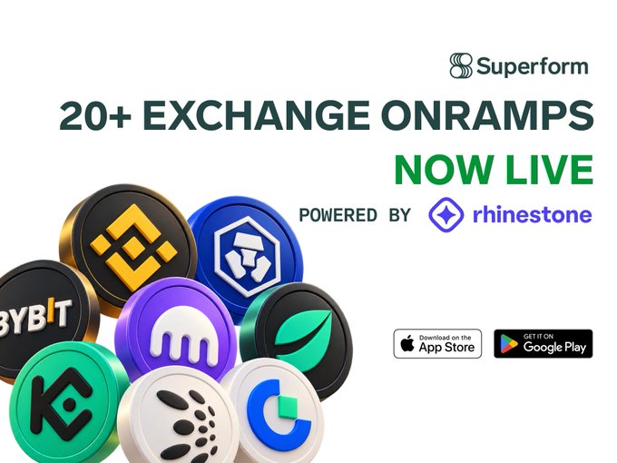 A promotional graphic for 'Superform' announcing '20+ EXCHANGE ONRAMPS NOW LIVE POWERED BY rhinestone', featuring 3D coins of various crypto logos and App Store/Google Play download buttons.