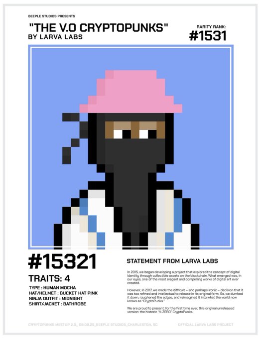 A poster from Beeple Studio presenting 'THE V.O CRYPTOPUNKS' by Larva Labs, featuring pixelated character #15321 with traits including Human Mocha, Bucket Hat Pink, Ninja Outfit Midnight, and Shirt/Jacket Bathrobe.