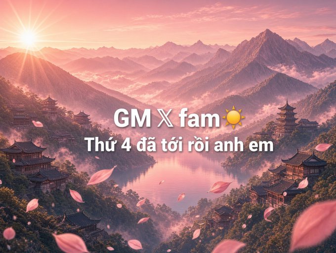A scenic pink-hued landscape with mountains, temples, a lake, and floating petals overlaid with the text 'GM ✕ fam ☀️ Thứ 4 đã tới rồi anh em'.