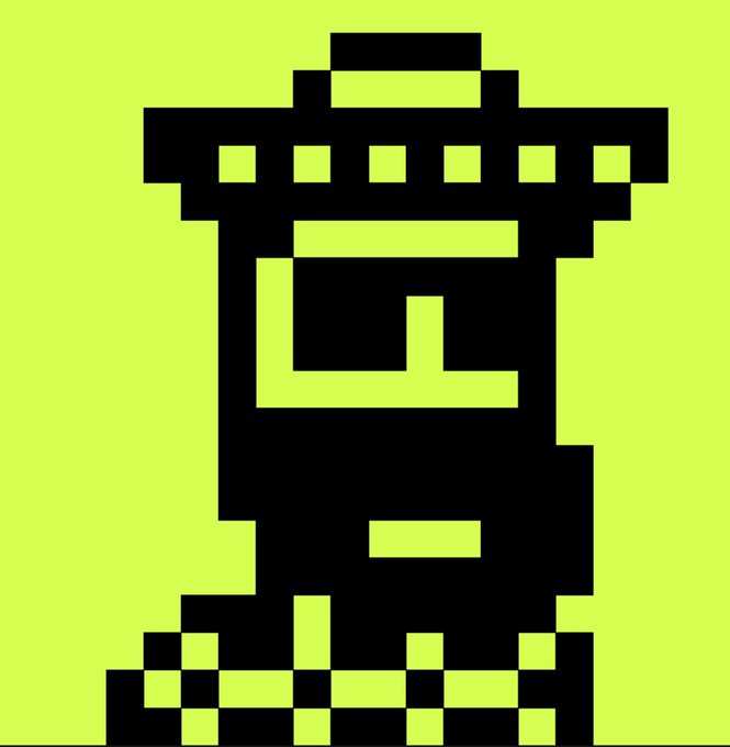 A minimalist pixel art icon depicting a black stylized figure or object with a wide hat and checkered base on a bright neon green-yellow background.