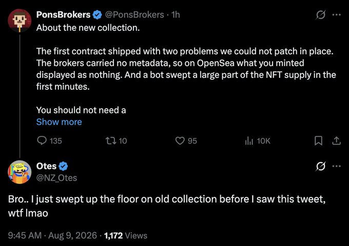 A screenshot of tweets shows PonsBrokers announcing problems with their new collection shipping, followed by Otes (@NZ_Otes) joking 'Bro.. I just swept up the floor on old collection before I saw this tweet, wtf lmao'.