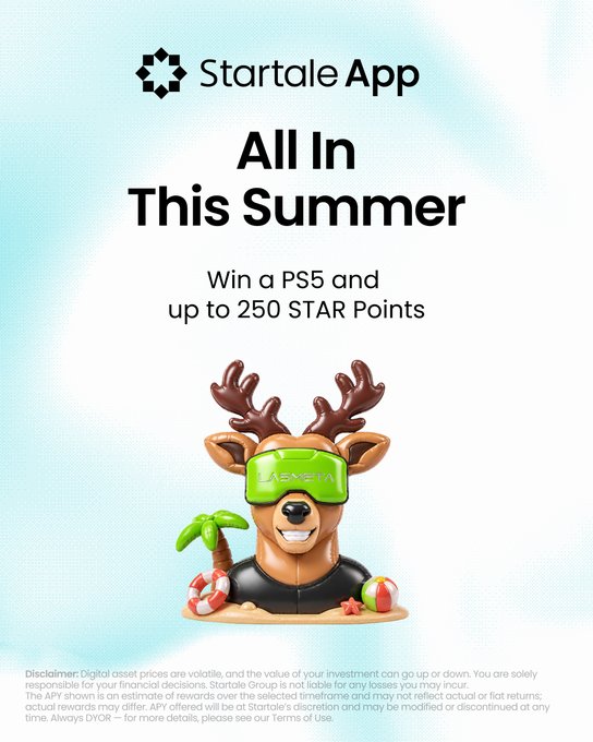 A promotional graphic for the Startale App titled 'All In This Summer' offers a chance to win a PS5 and up to 250 STAR Points, featuring a 3D cartoon reindeer wearing green sunglasses labeled 'SVM2K'.