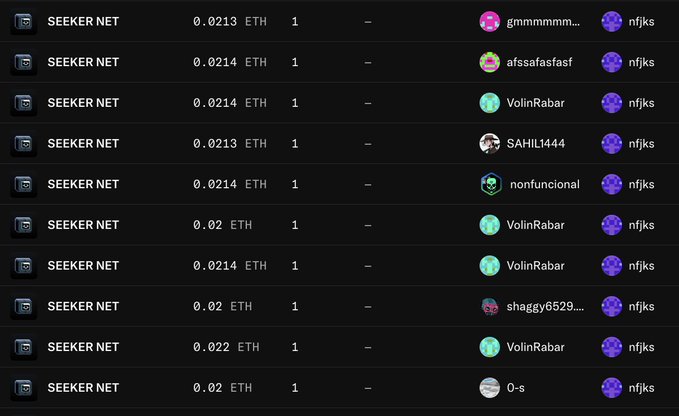 A list of cryptocurrency transactions shows multiple sales of 'SEEKER NET' for prices ranging from 0.02 to 0.022 ETH, bought by various users including 'gmmmmm...' and 'VolinRabar'.