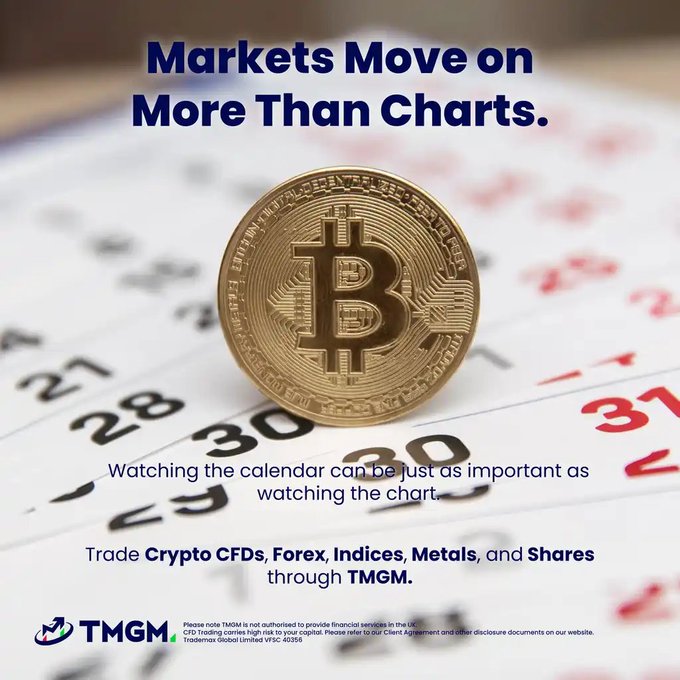 A gold Bitcoin coin rests on a calendar page, paired with the TMGM advertisement headline "Markets Move on More Than Charts" and text noting that watching the calendar is as important as watching the chart for trading Crypto CFDs, Forex, Indices, Metals, and Shares—visually reinforcing the post's message that major market shifts often align with scheduled economic events rather than chart patterns alone.