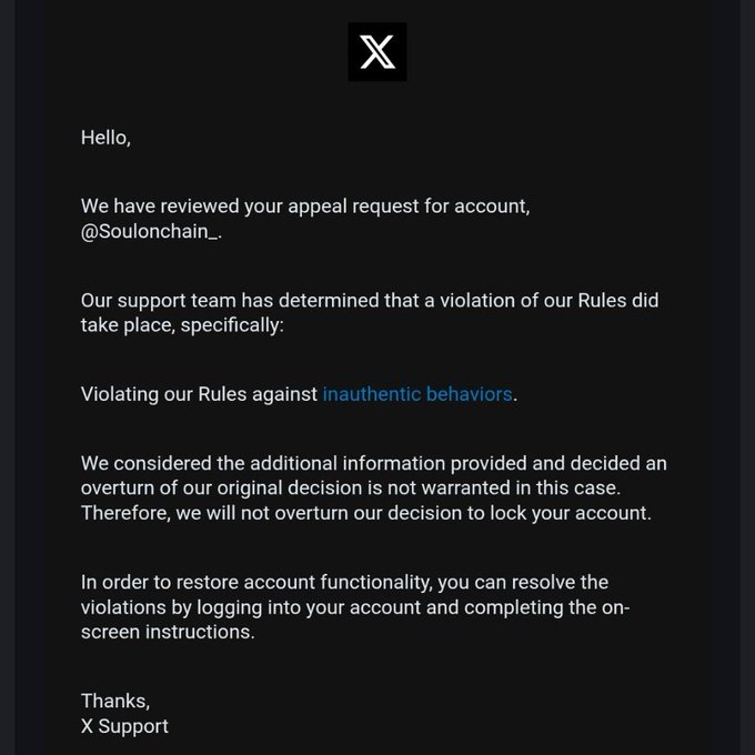 A screenshot of an X (formerly Twitter) support email addressed to user @Soulonchain_, stating that their appeal for a locked account was denied due to "inauthentic behaviors," meaning the account was flagged for AI-generated or automated replies—directly tying into the post's criticism of using AI to respond on the platform.